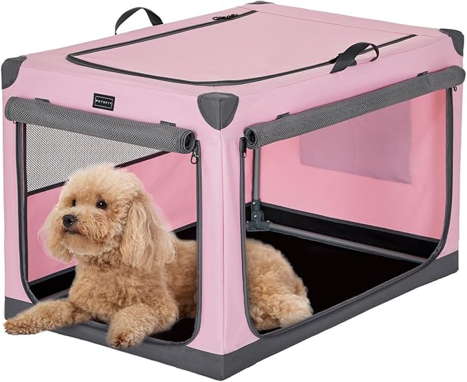 PETSFIT Travel Dog Crate, with Patented Adjustable Fabric Cover, Chewproof & Lockable Mesh Doors, Waterproof Base Portable Kennel Pink 26 Inch