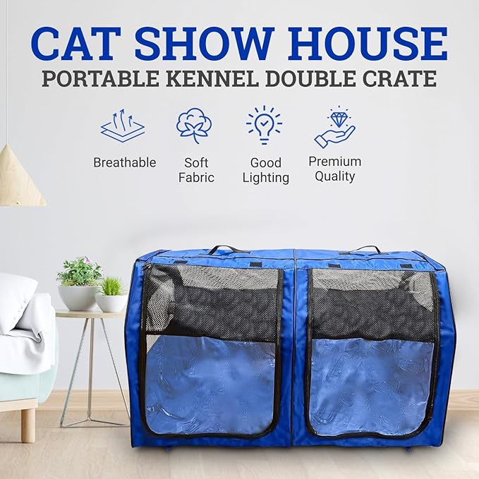 Cat Show House Portable Kennel Double Crate for Home or Travel Easy Fold Compact Storage Dog Pet House All Soft Mats Include