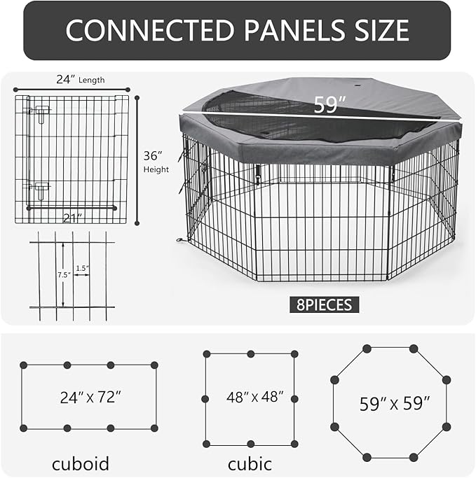 PETIME Foldable Metal Dog Exercise Pen/Pet Puppy Playpen Kennels Yard Fence Indoor/Outdoor 8 Panel 24" W x 36" H with Top Cover (with top Cover, 8 Panels 36" H)
