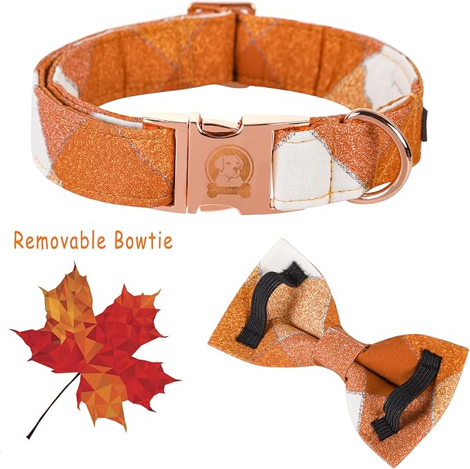 MR. CHUBBYFACE Fall Dog Collar Bow Adjustable Girl Boy Orange Dog Collar Bow Tie Cute Plaid Dog Collar for Small Medium Large Dogs