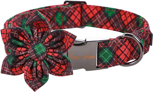 Unique style paws Christmas Dog Collar with Flower Tie Red Green Plaid Adjustable Cotton Puppy Collar for Small Medium Large Dogs-XL