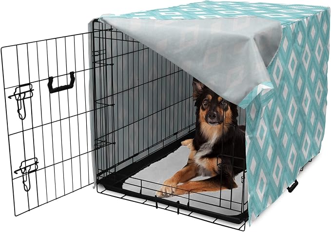 Lunarable Geometric Dog Crate Cover, Nested Diagonal Squares with Tiny Polka Dots Symmetric Repetition, Easy to Use Pet Kennel Cover for Medium Large Dogs, 36 Inch, White and Pale Teal