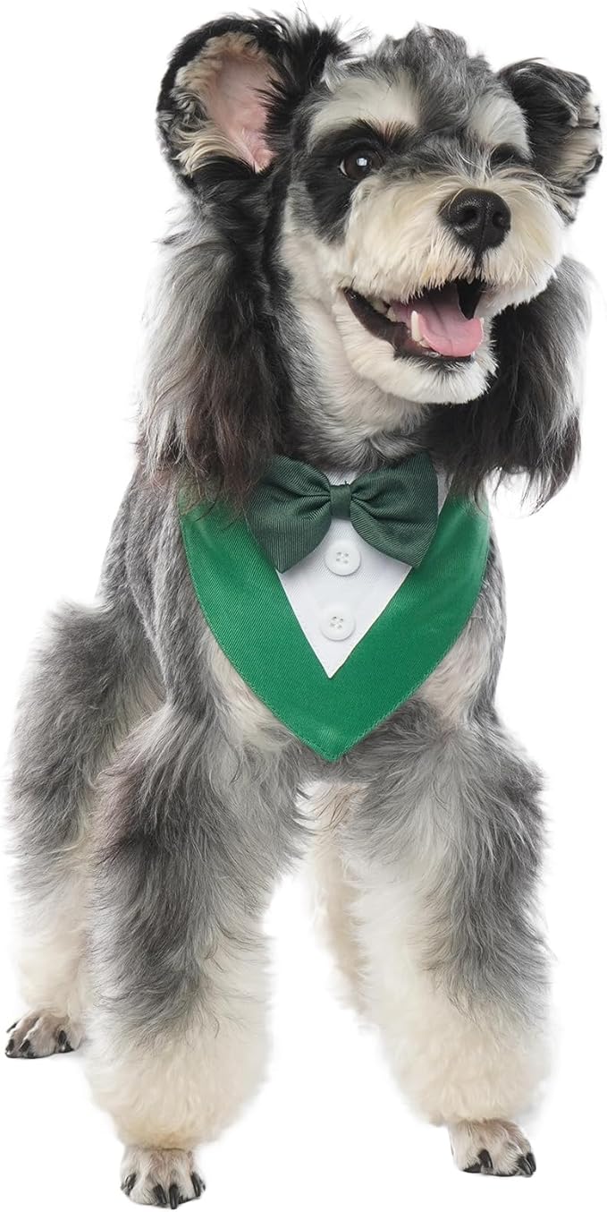 FUAMEY St.Patrick's Day Dog Tuxedo,Pet Green Collar Puppy Costume Adjustable Dog Bandana Cosplay Party Doggie Bibs,Irish Lucky Dress-Up Dog Bow Tie Green and White XS