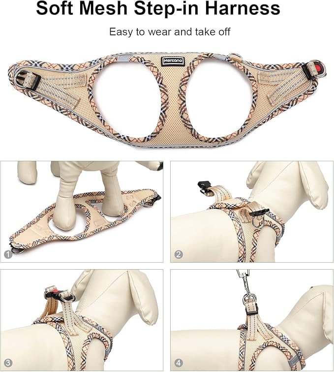 Mercano Soft Mesh Dog Harness and Leash Set, No-Chock Step-in Reflective Breathable Lightweight Easy Walk Escape Proof Vest Harnesses with Safety Buckle for Small Medium Dogs, Cats (Beige, XS)