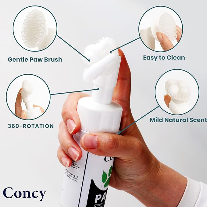 Concy Pet Paw Cleaner for Dogs Cats - No-Rinse Foaming Cleanser Silicon Brush Shampoo - Gentle, Effective Cat Dog Feet Cleaner Scrubber Unscented (5 oz)