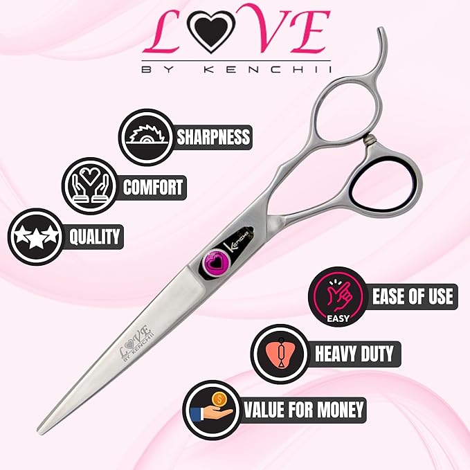 Kenchii Dog Grooming Scissors | 7 Inch Shears | Straight Scissors for Dog Grooming | Love Collection Dog Shears | Pet Grooming Accessories | Pet Hair Trimming Scissor
