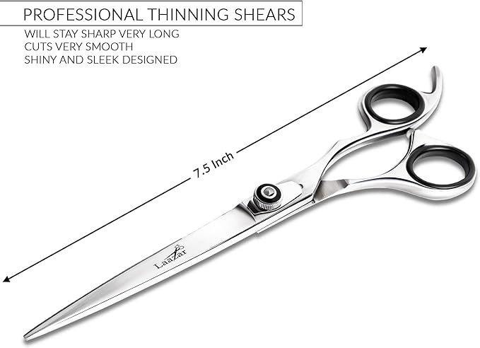 Laazar Professional 7.5 inch Straight Shears for Dogs and Cats Leather case Included | Adjustable Pet Grooming Scissors | Hand-Forged 440C Japanese Stainless Steel | Groomers Tool for Men and Woman