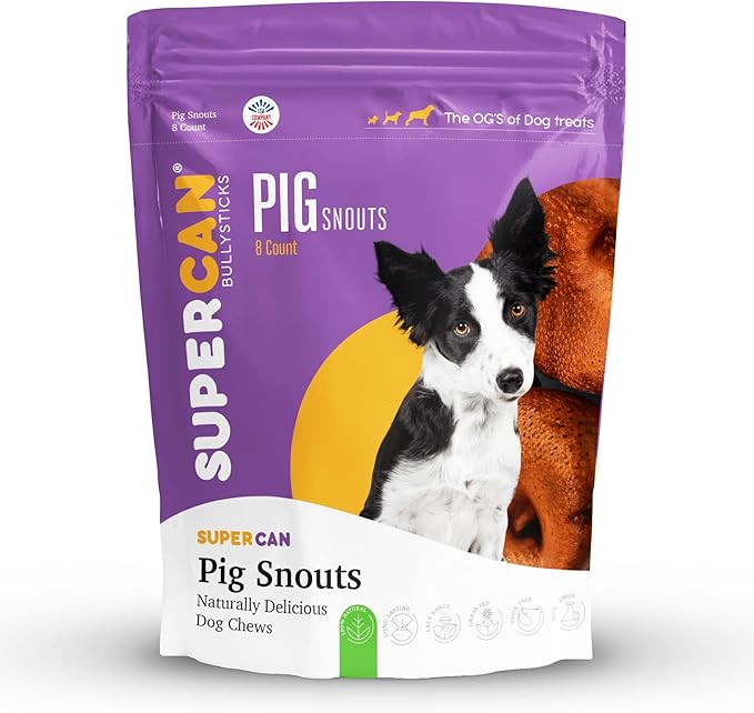 SUPER CAN BULLYSTICKS Pig Snouts for Dogs (8-Pack) 100% Natural Dog Chews - Non-GMOs Fully Digestible - Thick Whole Pork Chews - Long Lasting Dental Dog Treats - Softer Than Bully Sticks and Pig Ears