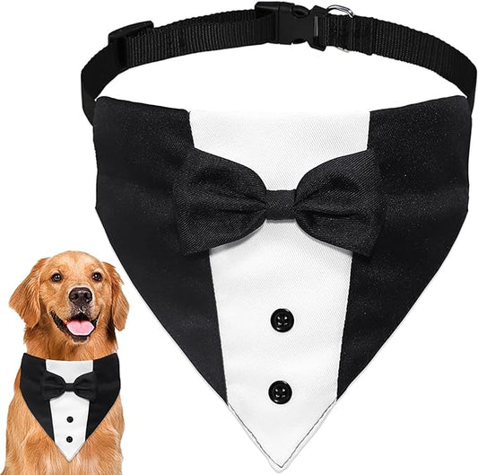 Dog Tuxedo Suit Wedding Bandana Collar with Bow Tie, Adjustable Formal Dog Tux, Engagement Birthday Tuxedo for Small Medium Large Dogs Pets (Large: Neck 15”-25”)
