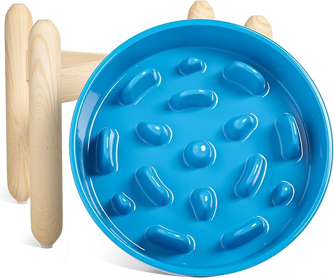 LE TAUCI Ceramic Slow Feeder Dog Bowls Elevated, 3 Cups Raised Dog Bowl with Wooden Stand for Medium Large Breed, Dog Dishes to Slow Down Eating, Puzzle Dog Food Bowl, Vortex Blue