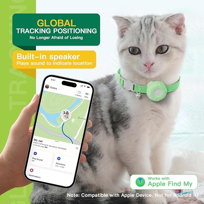 Cat Tracker Collar,No Monthly Fee Tracking Pet Collar with Finder Tag,Compatible with Apple Find My(iOS Only),Breakaway Tractive Design with Reflective Pattern & Bell,LightGreen