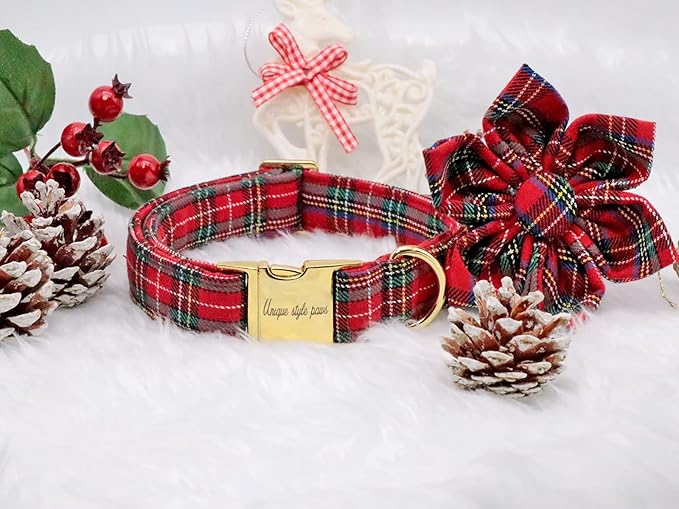 Uniqe Style Paws Christmas Grid Dog Collar, Female or Male Adjustable Dog Collar with Flower, Durable Floral Pattern Pet Collar for Small Dogs and Cats