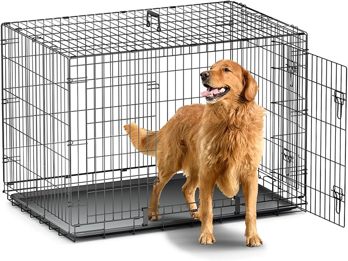 MoNiBloom 24/30/36/42/48 Dog Crates, Foldable Metal Wire Dog Cage with Double-Door, Outdoor Indoor Pet Kennels, Includes Leak-Proof Pan, Divider Panel, Black, 42"