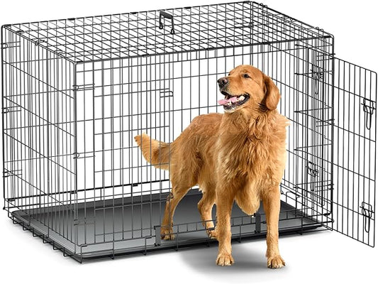 MoNiBloom 24/30/36/42/48 Dog Crates, Foldable Metal Wire Dog Cage with Double-Door, Outdoor Indoor Pet Kennels, Includes Leak-Proof Pan, Divider Panel, Black, 42"