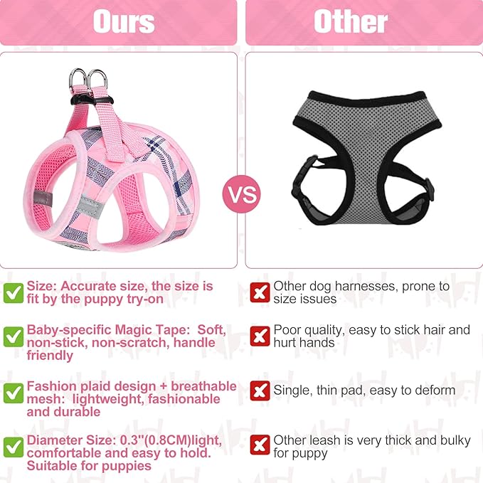 BEAUTYZOO Small Dog Harness and Leash Set,Step in No Chock No Pull Soft Mesh Dog Harnesses Reflective for Extra-Small/Small Medium Puppy Dogs and Cats, Plaid Dog Vest Harness for XS S Pets, Pink XXS