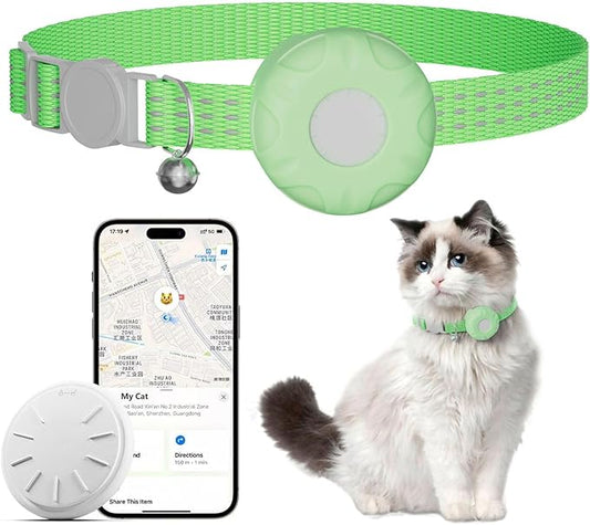 Cat Tracker Collar,No Monthly Fee Tracking Pet Collar with Finder Tag,Compatible with Apple Find My(iOS Only),Breakaway Tractive Design with Reflective Pattern & Bell,LightGreen