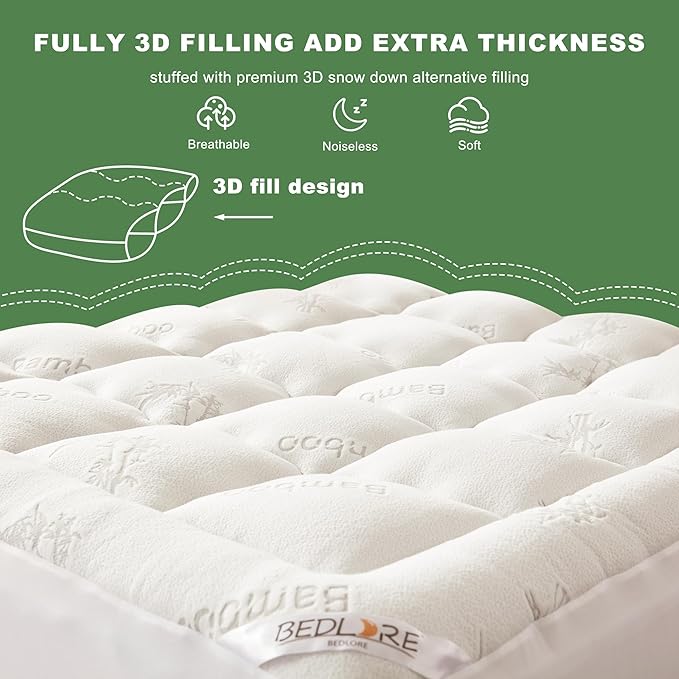 BEDLORE King Mattress Topper Viscose Derived from Bamboo, Thick Pillow Top Mattress Pad with Stretchable Pockets for 6-18 inches Mattress, Soft Breathable Mattress Topper for Back Pain Relief