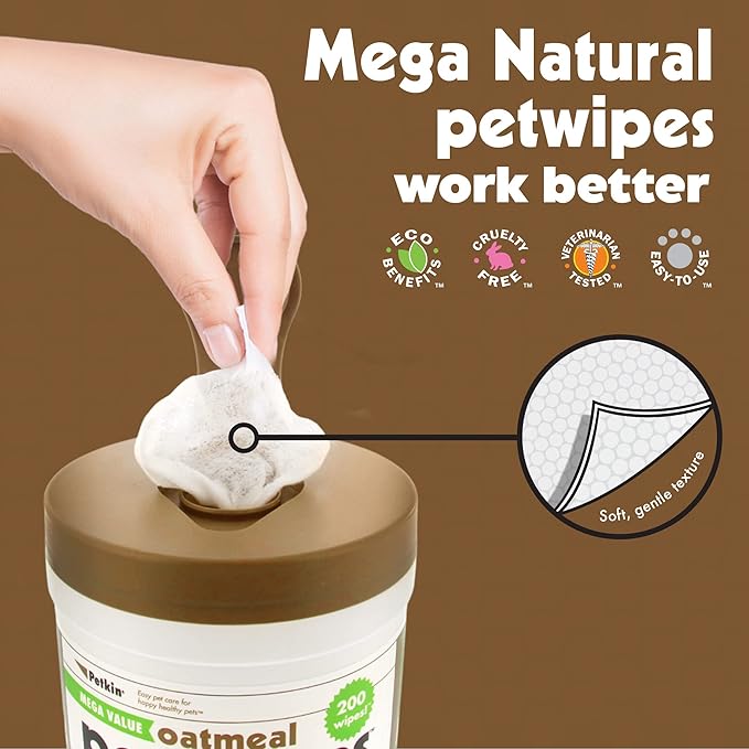 Petkin Mega PetWipes, 200 Wipes - Oatmeal Pet Wipes for Dogs and Cats, Use on Face, Paws, Ears, Body and Eye Area - Ideal for Home or Travel
