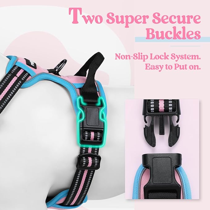 rabbitgoo Dog Harness, No-Pull Pet Harness with 2 Leash Clips, Adjustable Soft Padded Dog Vest, Reflective No-Choke Pet Oxford Vest with Easy Control Handle for Large Dogs, Pink & Blue, M