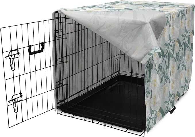 Lunarable Jasmine Dog Crate Cover, Delicate Pointy Petals Flower in Muted Tones, Easy to Use Pet Kennel Cover for Medium Large Dogs, 42 Inch, Pale Teal Pale Blue