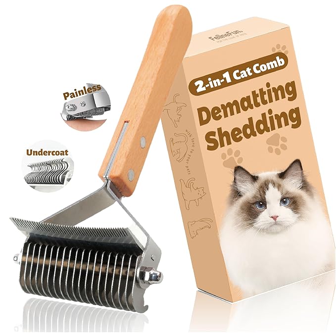Cat Brush for Dematting & Deshedding, 2 in 1 Undercoat Rake, Efficiently Remove Loose Hair & Matted Fur, Professional Shedding Comb for Indoor Cats & Long Haired Cats