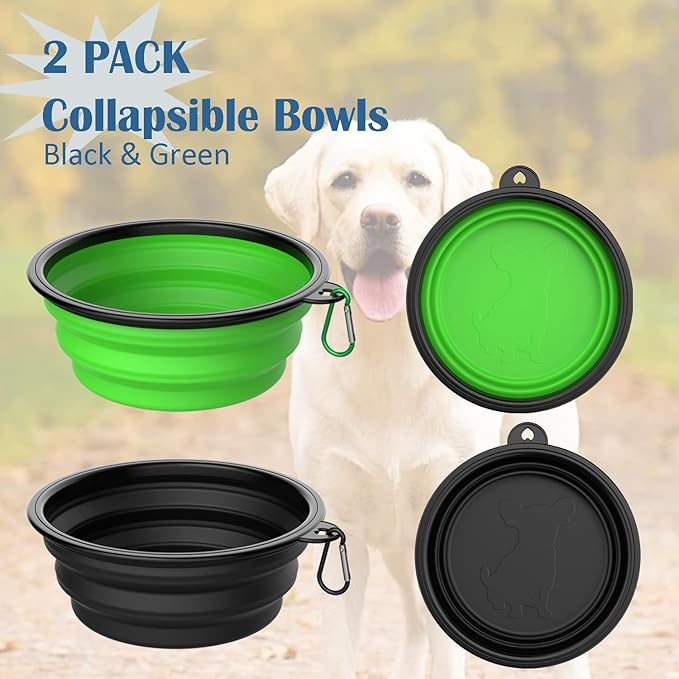 Takfox Collapsible Dog Bowls [2 Pack] 34 oz, Travel Dog Bowls, Pet Bowl Portable Foldable Water Food Feeding Dishes with Carabiner Clip for Traveling Hiking Walking-Black & Green