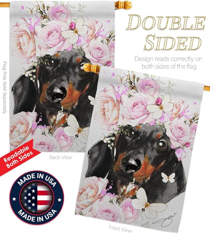 Breeze Decor Dachshund Floral House Flag Set Dog Puppy Spoiled Paw Canine Fur Pet Nature Farm Animal Creature Decoration Banner Small Garden Yard Gift Double-Sided, Made in USA