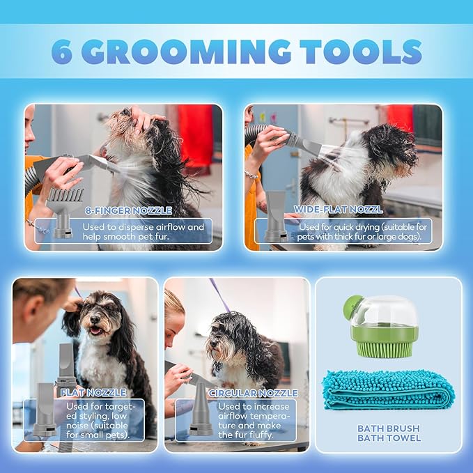 Dog Dryer for Pet Grooming, Blow & Vacuum 2-in-1 Dog Hair Dryer, 3.5HP/2800W High Velocity Blow Dryer for Pet, Adjustable Temperature 95-140℉ & Airflow 15-75M/S with 4 Nozzles/Extra Filter/Towel/Brush