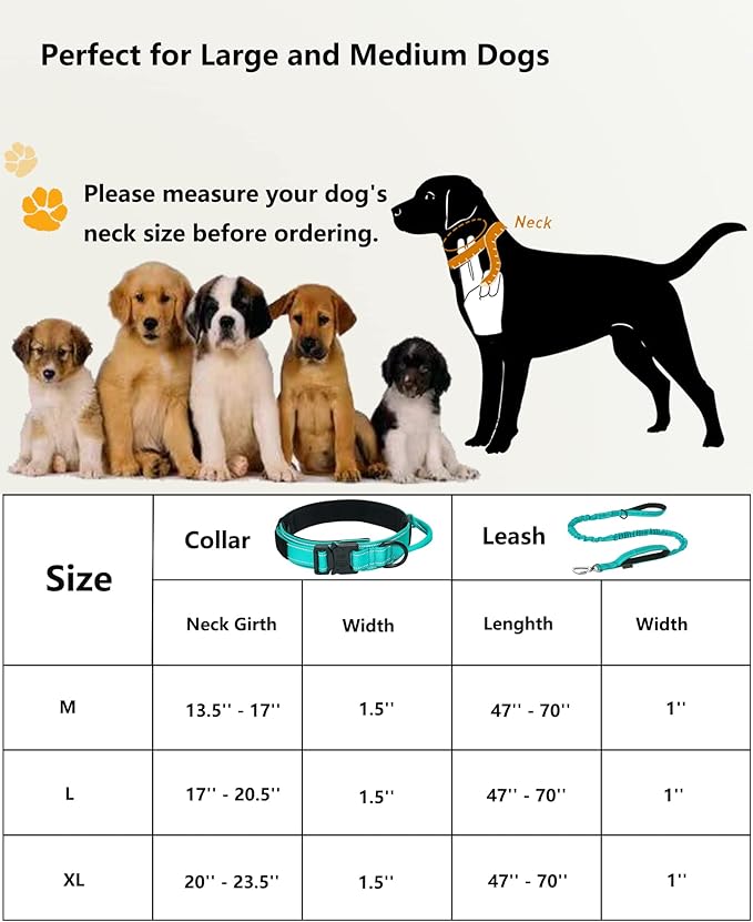 AUBELL Tactical Dog Collar and Leash Set, Adjustable Military Nylon Reflective Dog Leash and Collar with Handle and Heavy Metal Buckle for Medium Large Dogs, with Airtag Case and 2 Patches (Teal,XL)