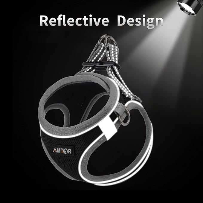 AMTOR Small Dog Harness with Leash Set, No Escape Easy Walk Puppy Harnesses for Training Walking, Step-in Reflective Soft Dogs Vest for XS S Medium Extra-Small Large Sized Dog(Black/Grey)