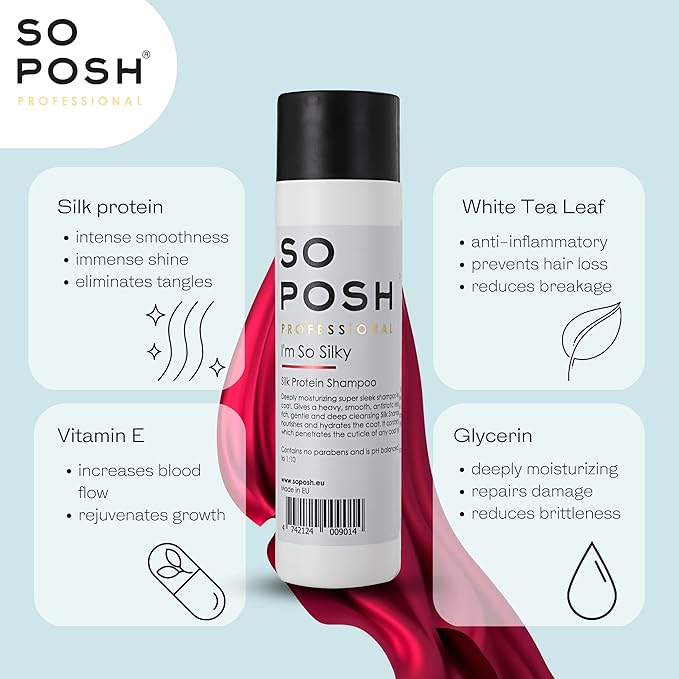 So Posh I´m So Silky Dog Shampoo - with Silk Protein, Perfect for Drop-Coats Like Yorkie, Maltese, Shih Tzu etc. Heavy, Smooth & Anti-Static Result, Sulfate & Paraben Free, 1:10 Concentrate. 33.8 Oz
