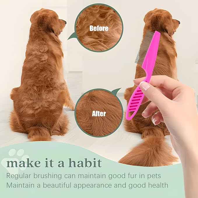4PCS Pets Grooming Comb Kit for Small Dogs, 2-in-1 Flea Comb with Round Teeth for Cat and Puppy, Tear Stain Remover Comb Accessories for Removing Eye Mucus and Crust