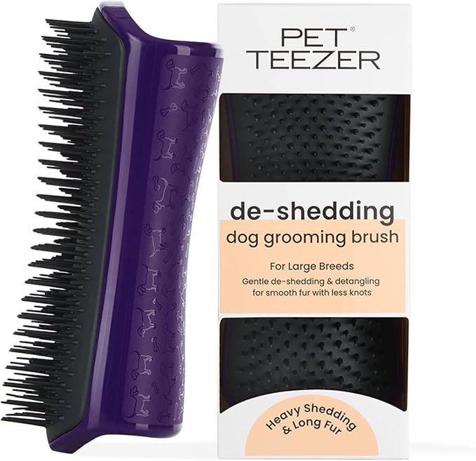 Pet Teezer by Tangle Teezer De-Shedding Dog Grooming Brush, Dry Brush or Dog Bath Brush for Wet or Dry Fur, Large, Purple & Gray