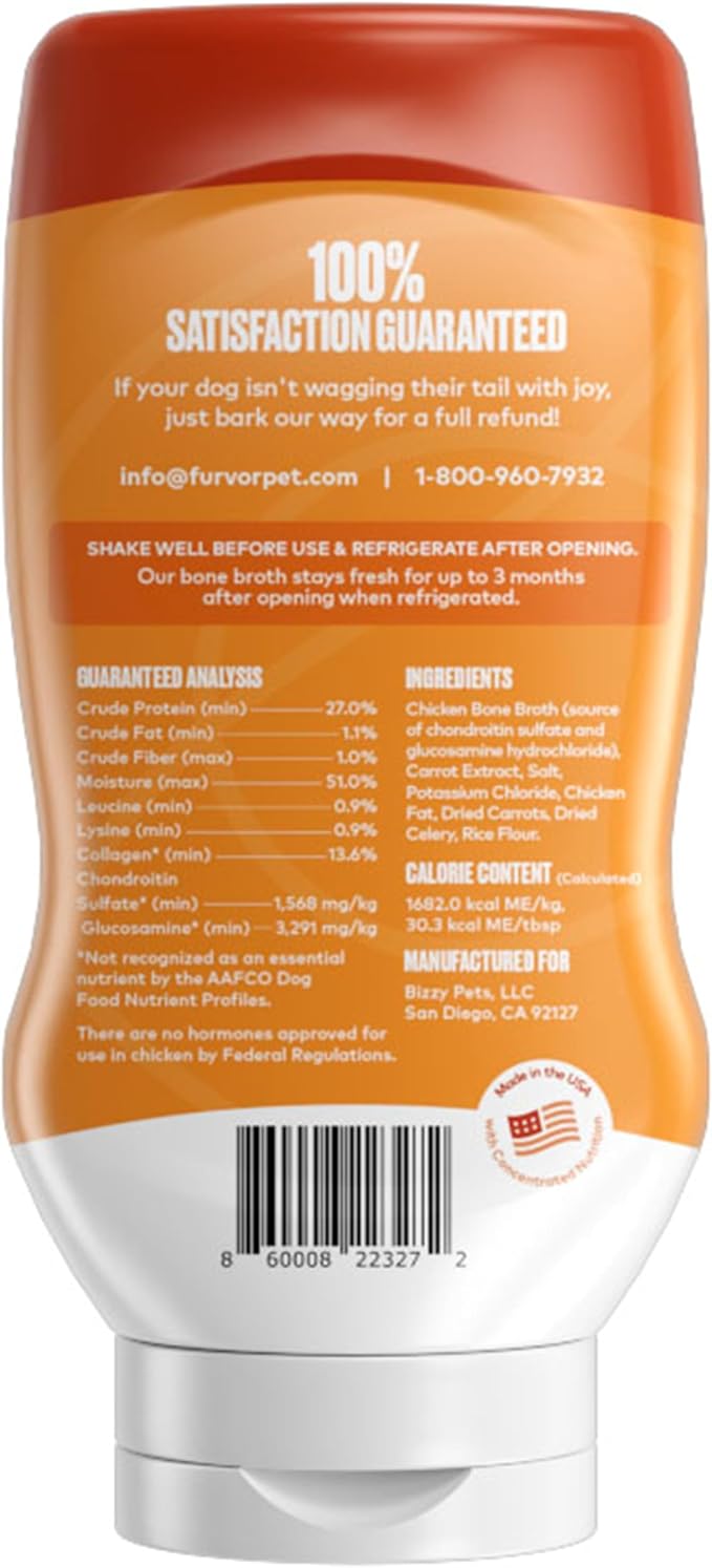 Chicken Bone Broth for Dogs - Collagen Protein Supplement for Digestion, Mobility, Coat, Immunity, Healthy Dog Food Topper, Human Grade Meal Boost Gravy, Just Add Water, Made in USA, 16 oz