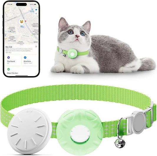 Cat Tracker, Pet Tracker for Cats, Cat GPS Tracker Collar with Safety Elastic Buckle, GPS Tracker Compatible with Apple Find My App (Only iOS), No Monthly Fee, Waterproof, Light Green