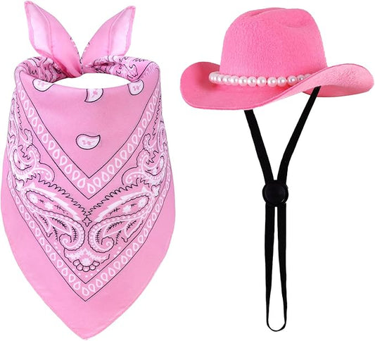 Pet Cowboy Costume Accessories Halloween Costumes for Small Pet Dogs Cat Cowboy Hat for Dogs and Bandana Scarf Halloween Party Western Cosplay Accessories (Pink, Small)