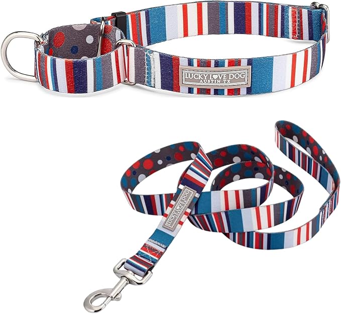 Lucky Love Dog, Nautical Martingale Dog Collar and Leash Set, Premium No Slip Collar and Leash Set, Polka Dot Striped Martingale Collar and Leash Set, for Dogs - (Medium, Linus Mart - Combo)