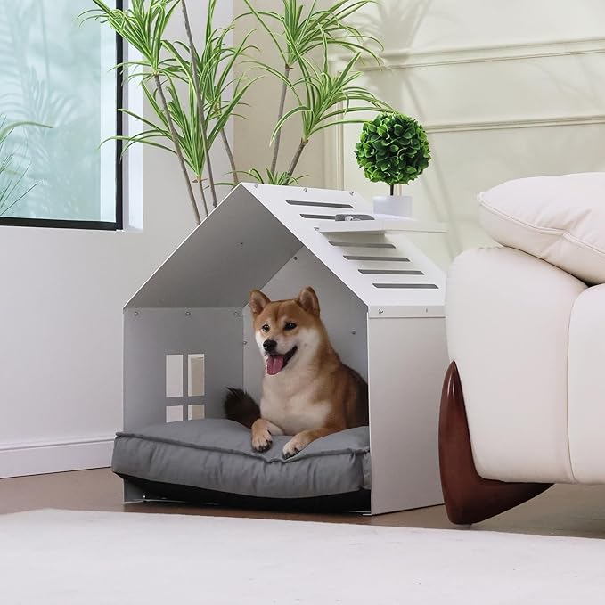 Modern Metal Dog House with Plush Cushion – Open Design Dog Bed, Cozy Pet Cave for Dogs & Cats, Stylish Indoor Pet Furniture