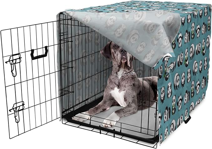 Lunarable Panda Dog Crate Cover, Cartoon Style Pandas Eating Branches Bear Poses in Sleeping and Rolling, Easy to Use Pet Kennel Cover for Medium Large Dogs, 48 Inch, Petrol Blue and Black