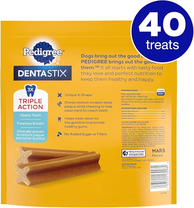 PEDIGREE DENTASTIX Large Dog Dental Treats Original Flavor Dental Bones, 2.08 lb. Value Pack (40 Treats)