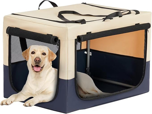 PETSFIT Soft Dog Crate, with Patented Adjustable Fabric Cover, Chewproof & Lockable Mesh Doors, Waterproof Base Collapsible Kennel Beige 36 Inch