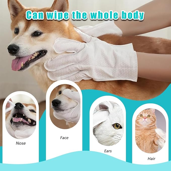 Dog and Cat Cleaning Gloves, Cleaning and Deodorizing Grooming Gloves, Dog and Cat Fur Face, Ears, Eyes, Paws Cleaner, Pet Grooming Wipes, Nourishing Fur, for Daily Care and Travel, No Rinse (6 Pcs)
