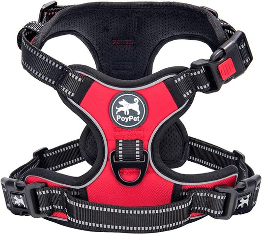 PoyPet Dog Harness No Pull, Reflective Adjustable No Choke Pet Vest with Front & Back Clips, Soft Padded and Control Training Handle for Large Dogs (Red, XL)