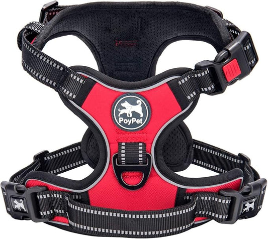 PoyPet No Pull Dog Harness, No Choke Front Clip Dog Reflective Harness, Adjustable Soft Padded Pet Vest with Easy Control Handle for Small to Large Dogs(Red,XS)