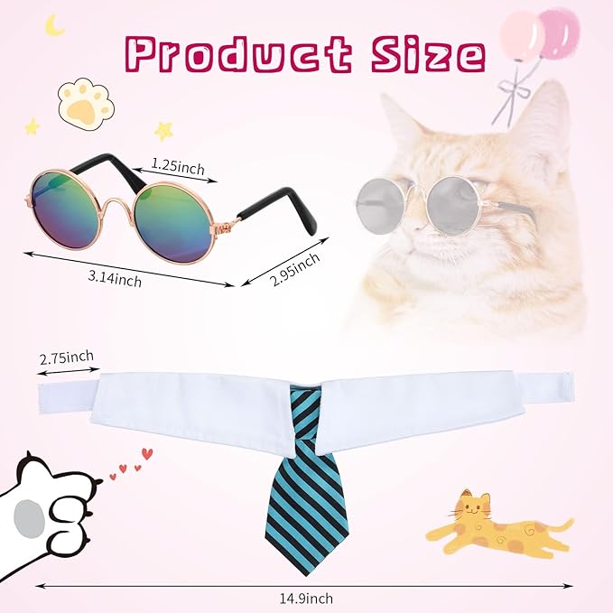 Weewooday 8 Pcs Pet Dog Cat Costume Cat Tie Collar Glasses for Small Dog Round Metal Retro Sunglasses Tie Pet Costume Tuxedo Necktie Collar Puppy Accessories Halloween Cosplay Party(Classic Colors)