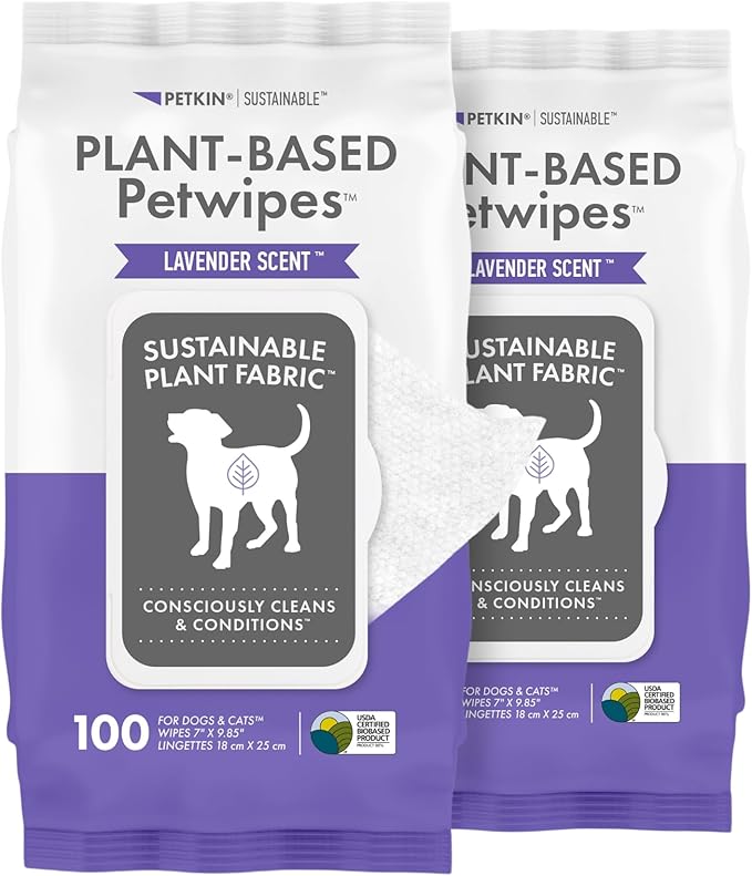 Petkin Plant-Based PetWipes, 100 Wipes, 2 Pack - Biobased, Sustainable, Big & Thick Pet Wipes for Dogs & Cats - for Face, Paws, Ears, Body & Eye Area - Consciously Cleans & Conditions - Lavender