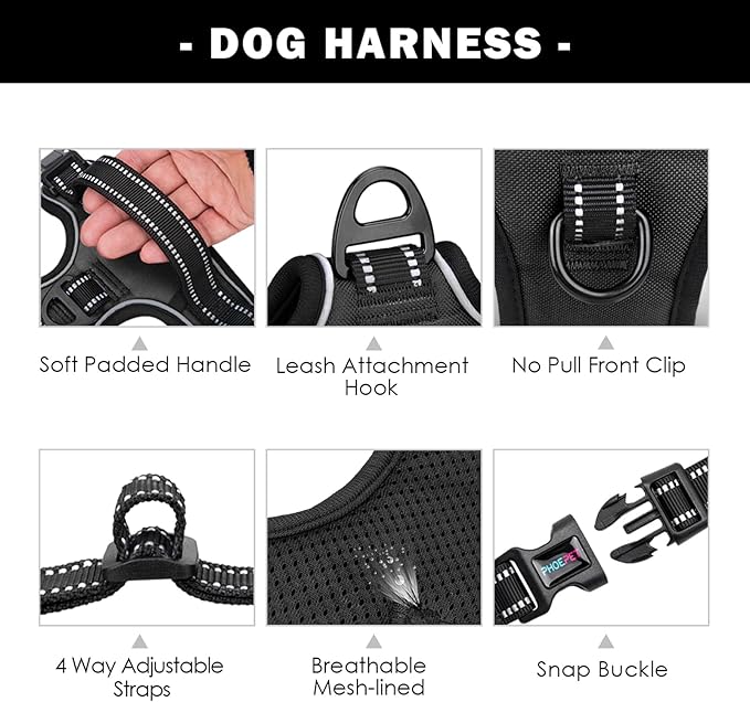 PHOEPET Reflective Dog Harness Large Breed Adjustable No Pull Vest with Handle 2 Metal Rings 3 Buckles [Easy to Put on & Take Off](XL, Black)