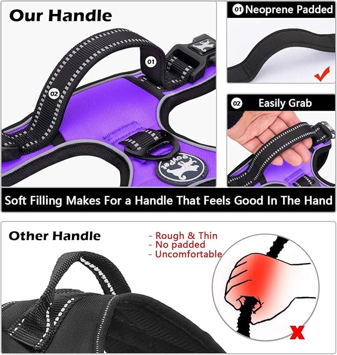 PoyPet Dog Harness No Pull, Reflective Adjustable No Choke Pet Vest with Front & Back Clips, Soft Padded and Control Training Handle for Large Dogs(Purple,XL)