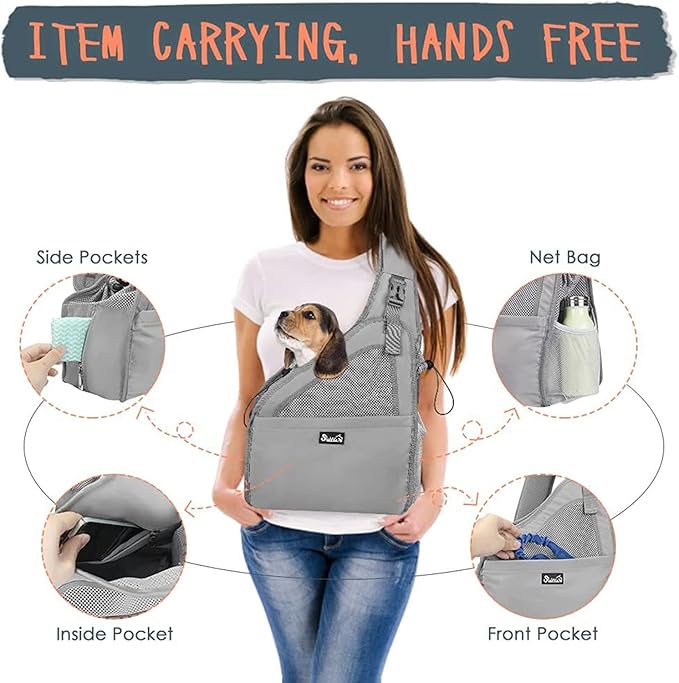 Lukovee Dog Slings for Small Dogs, Hard Bottom Support & Adjustable Soft Padded Shoudler Strap Dog Sling Carrier, Dog Purse with Button Closure & Zipper Pockets (for Pets up to 6 lbs, Grey)