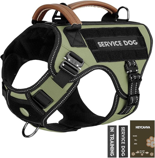 Service Dog Vest - HEYCAHVA Tactical Dog Harness Full Metal Buckles Dog Vest for Large Medium Dog Reflective No Pull Dog Harnesses Vest with Leather Handle, Hook & Loop for Hiking Training(Green, XL)